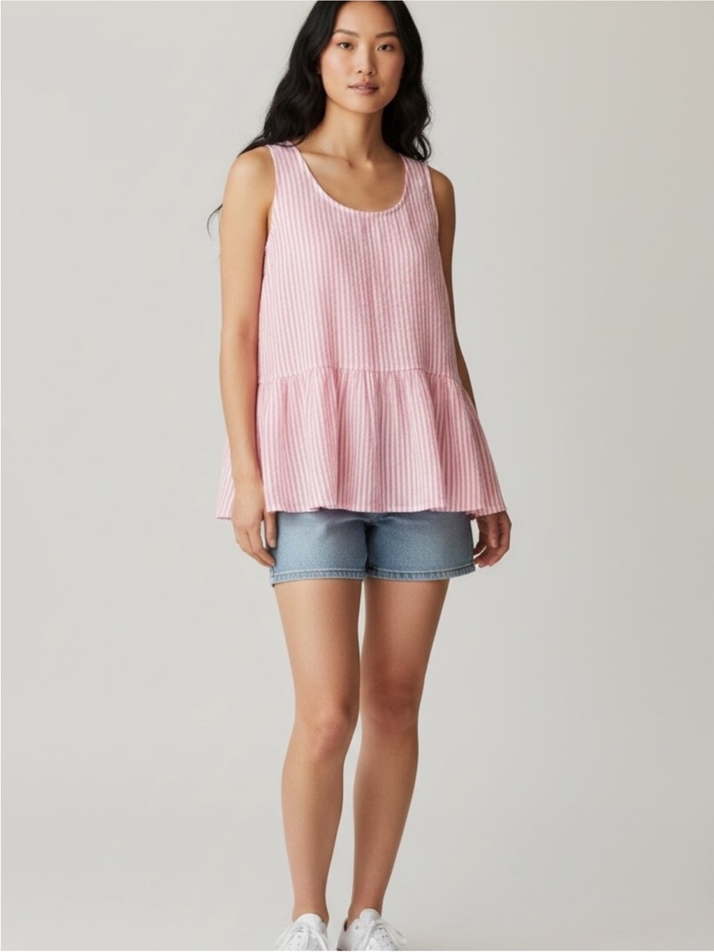 Women's Style & Co. Pink & White Striped Sleeveless Peplum Tank Top Size Small